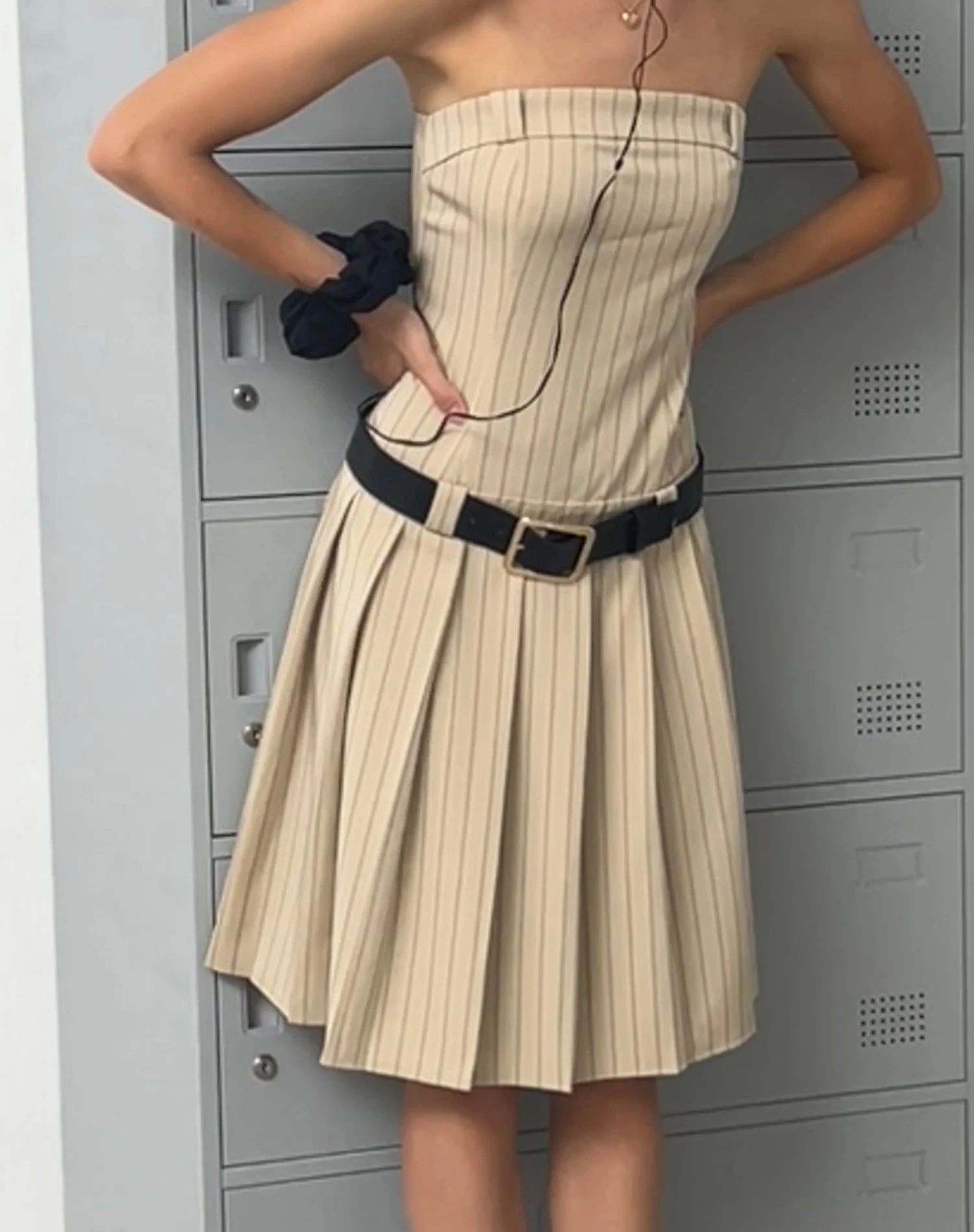 Aldari Bandeau Midi Dress In Tailoring Tan Pinstripe