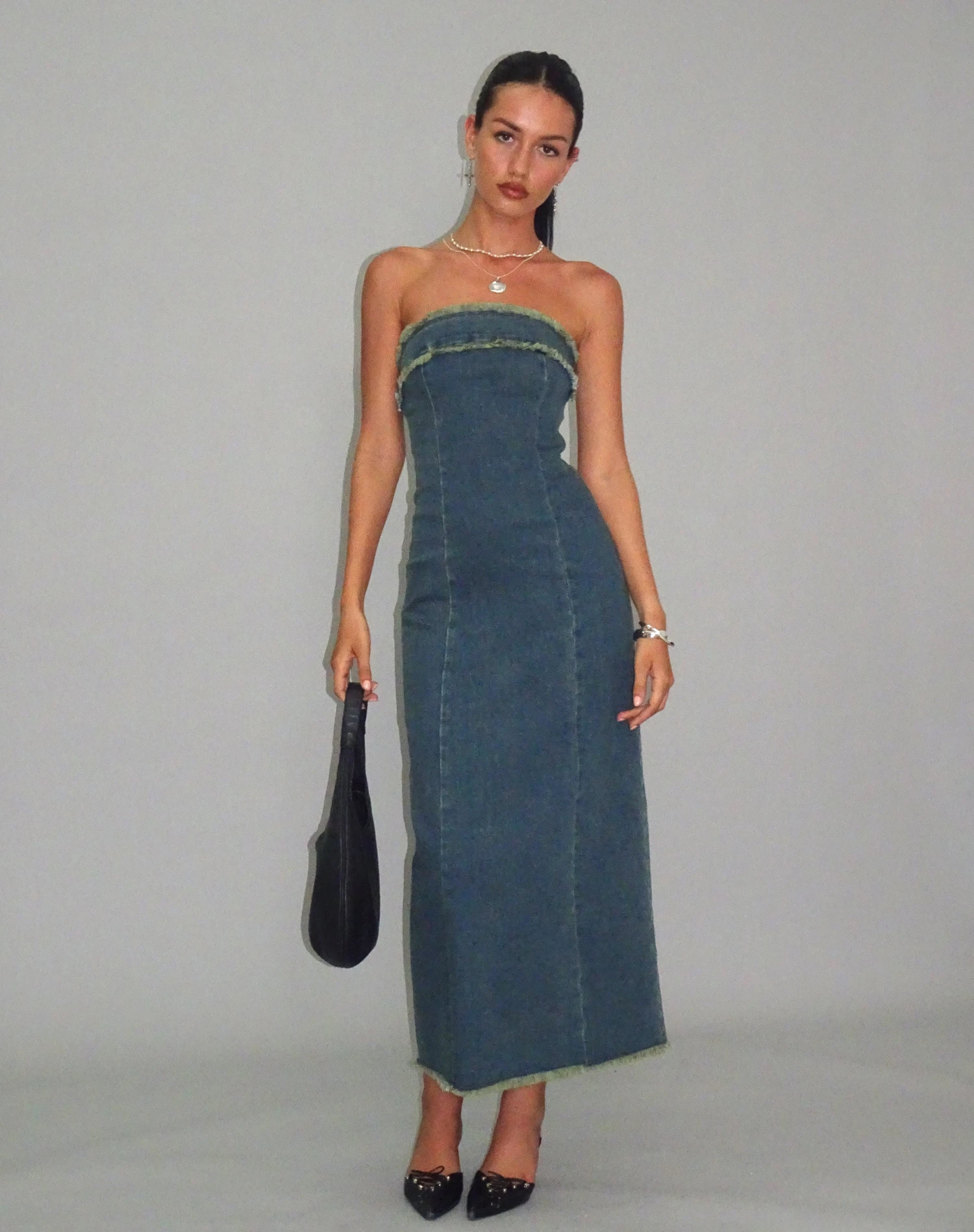 Atun Denim Bandeau Maxi Dress In Brown Blue Acid Wash - Image 5