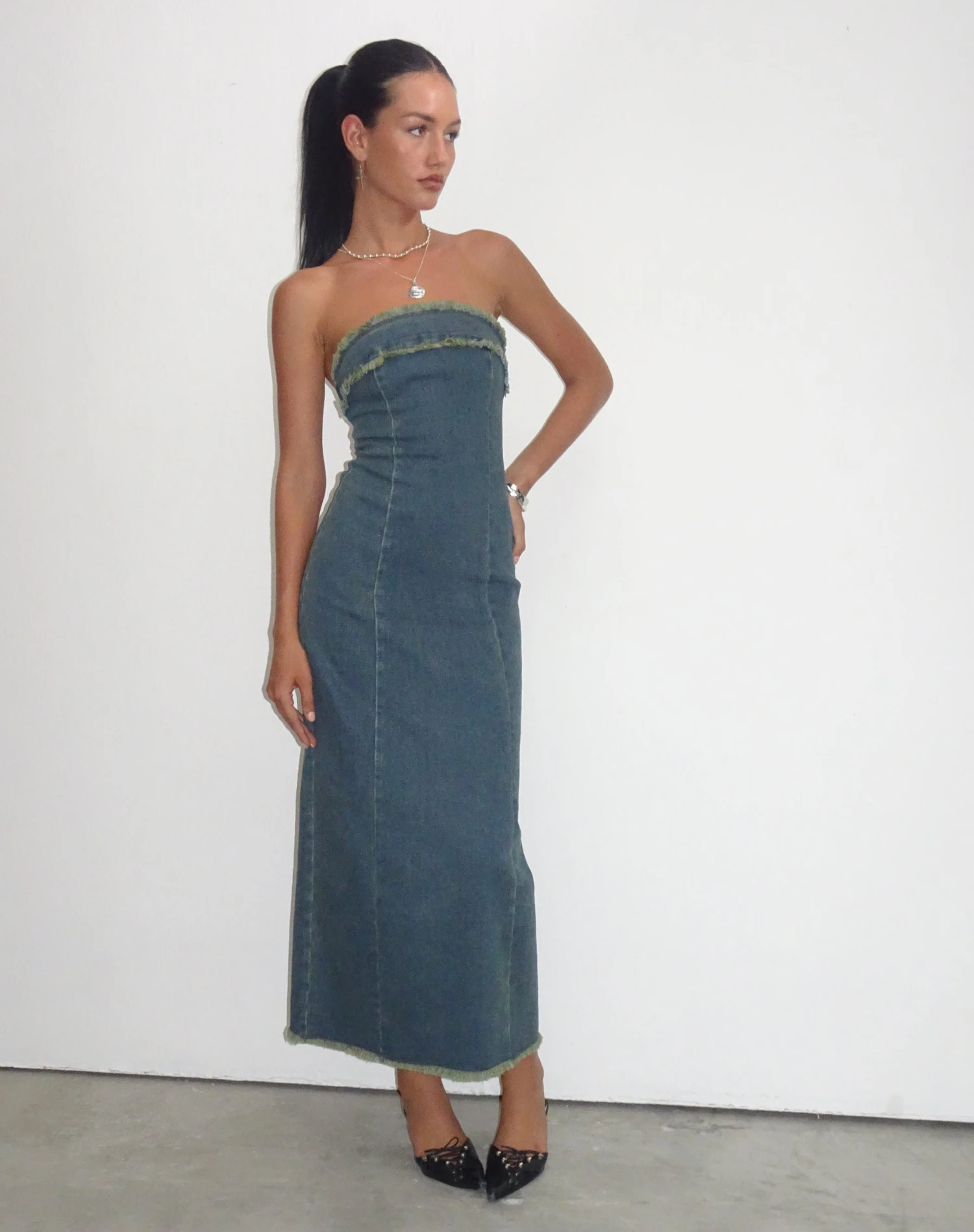 Atun Denim Bandeau Maxi Dress In Brown Blue Acid Wash - Image 6