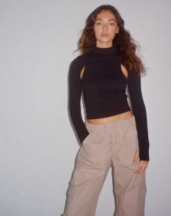 Bandi Long Sleeve High Neck Cut Out Top In Black