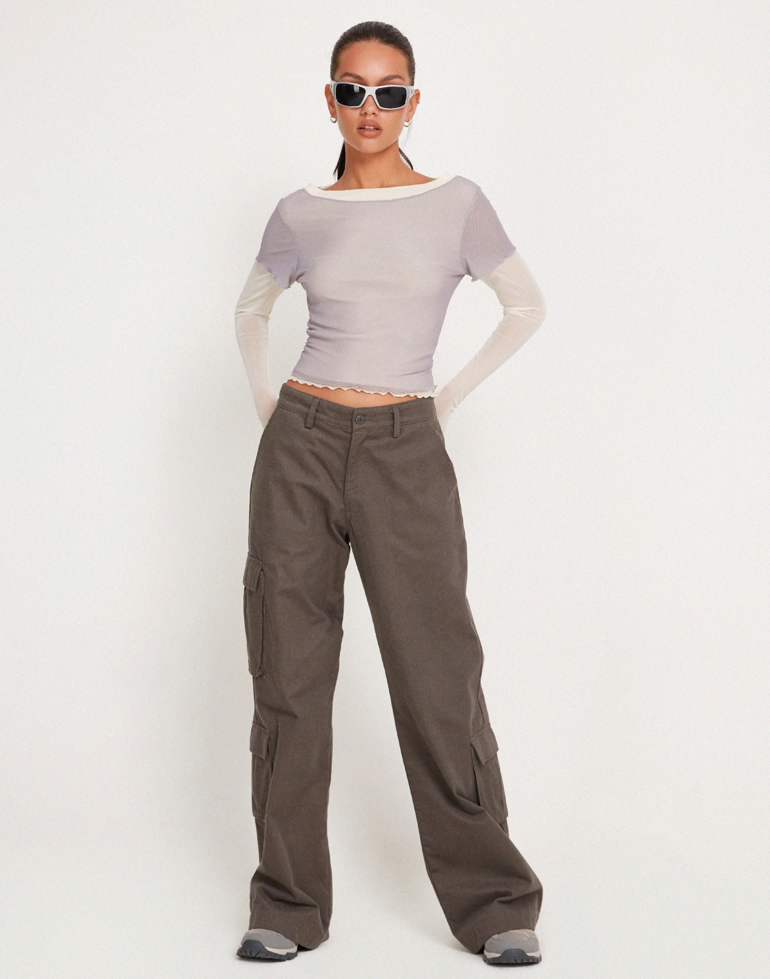 Bidara Mesh Long Sleeve Layered Top In Light Grey And Ivory - Image 4