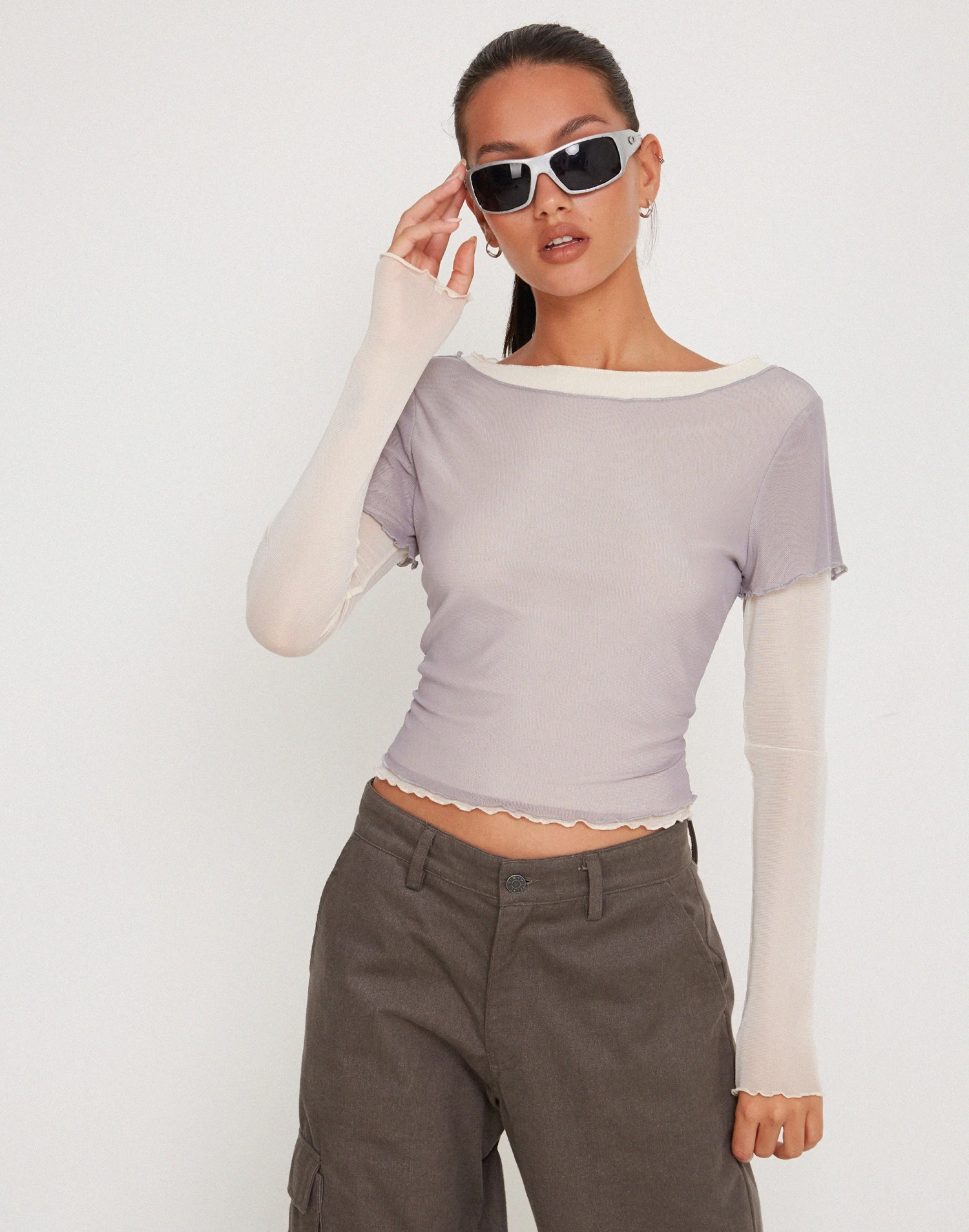 Bidara Mesh Long Sleeve Layered Top In Light Grey And Ivory - Image 3