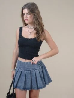 Castari Denim Pleated Mini Skirt In Acid Blue