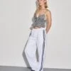 Coze Wide Leg Jogger In White With Navy Double Stripe