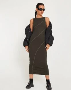 Driki Midi Dress In Gunmetal With Grey Top Stitch