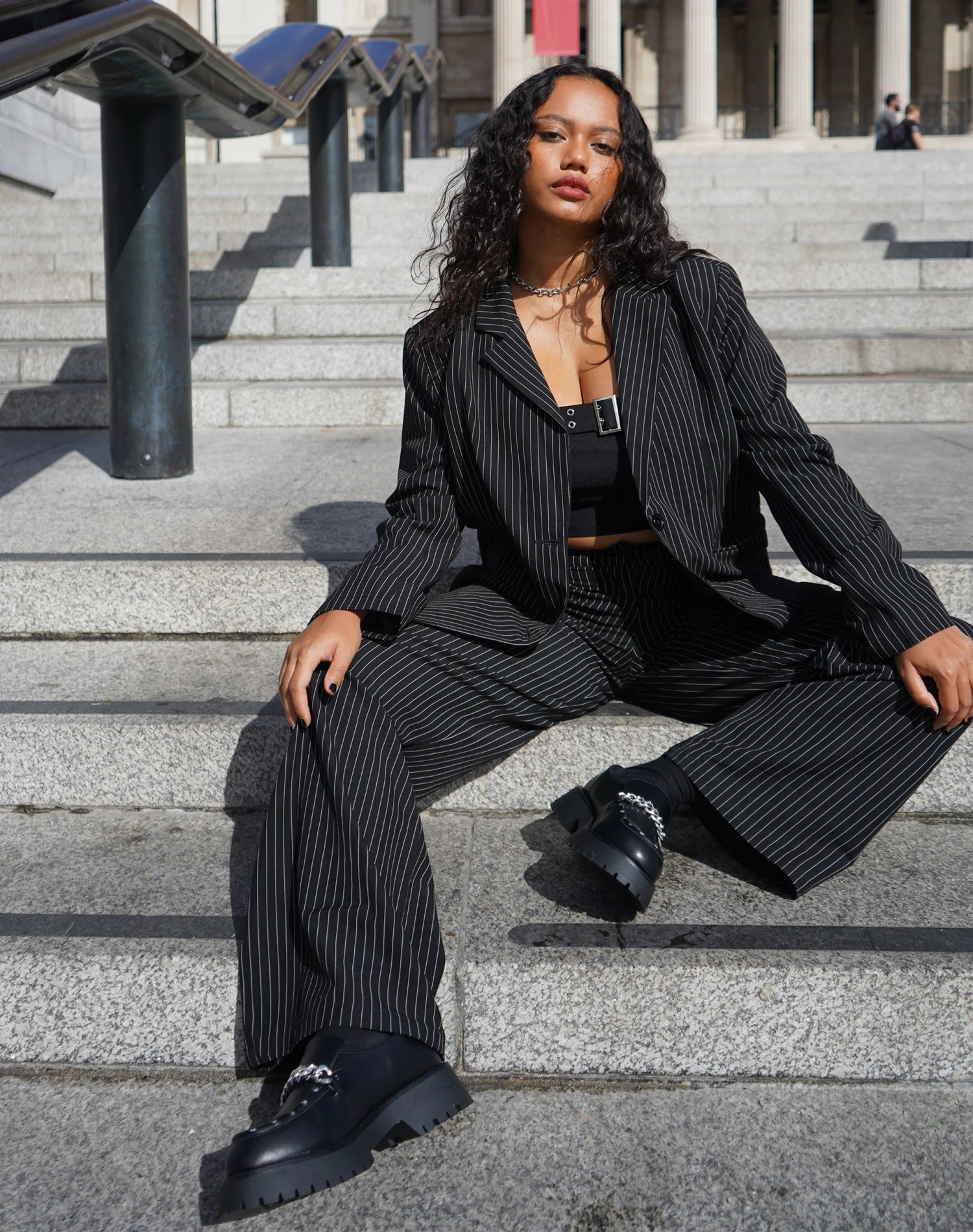 Saskira Wide Leg Trouser In Pinstripe Black - Image 3