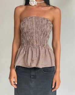 Soter Shirred Bandeau Top In Mini Gingham