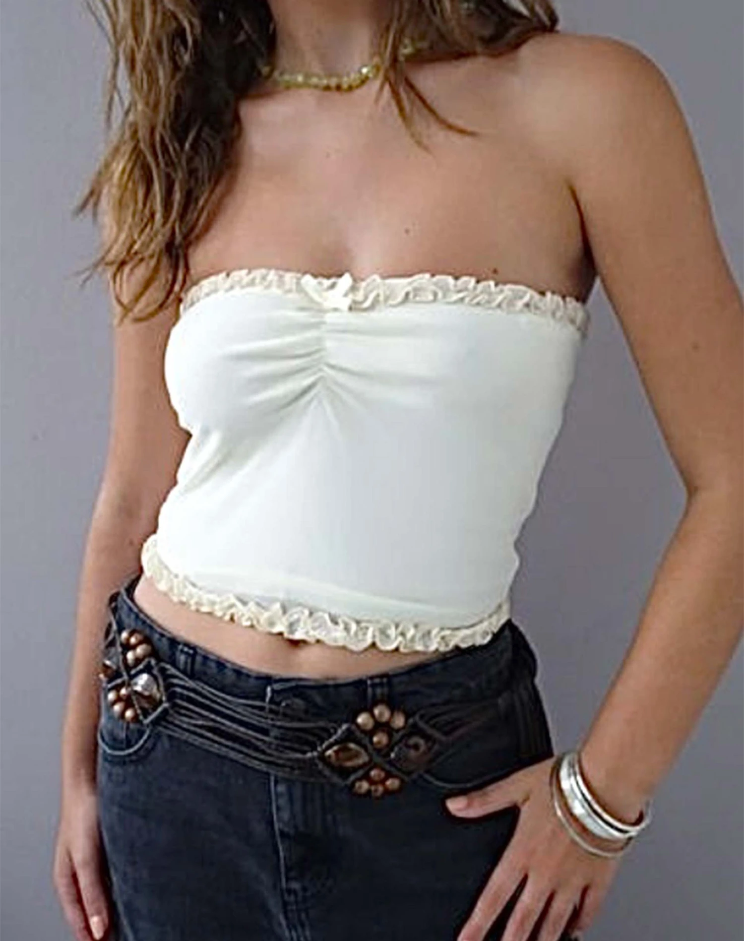 Jachai Frill Detail Bandeau Top In Off White - Image 2