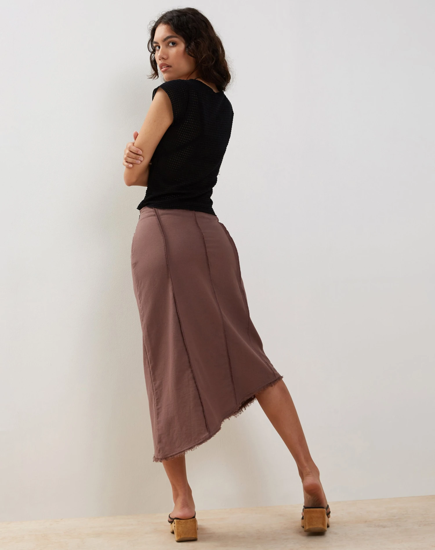 Karlesa Asymmetric Midi Skirt In Deep Taupe - Image 4