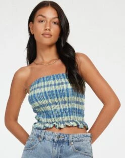 Kiyo Bandeau Top In Colourpop Check Green And Blue