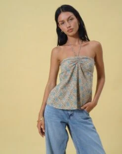Laeri Halterneck Top In Bohemian Batik Blue Brown