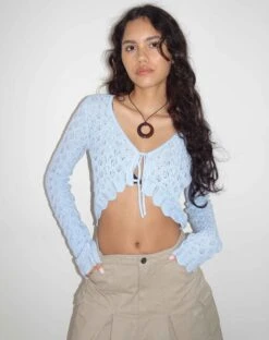Lexi Pointelle Knit Cropped Cardigan In Baby Blue