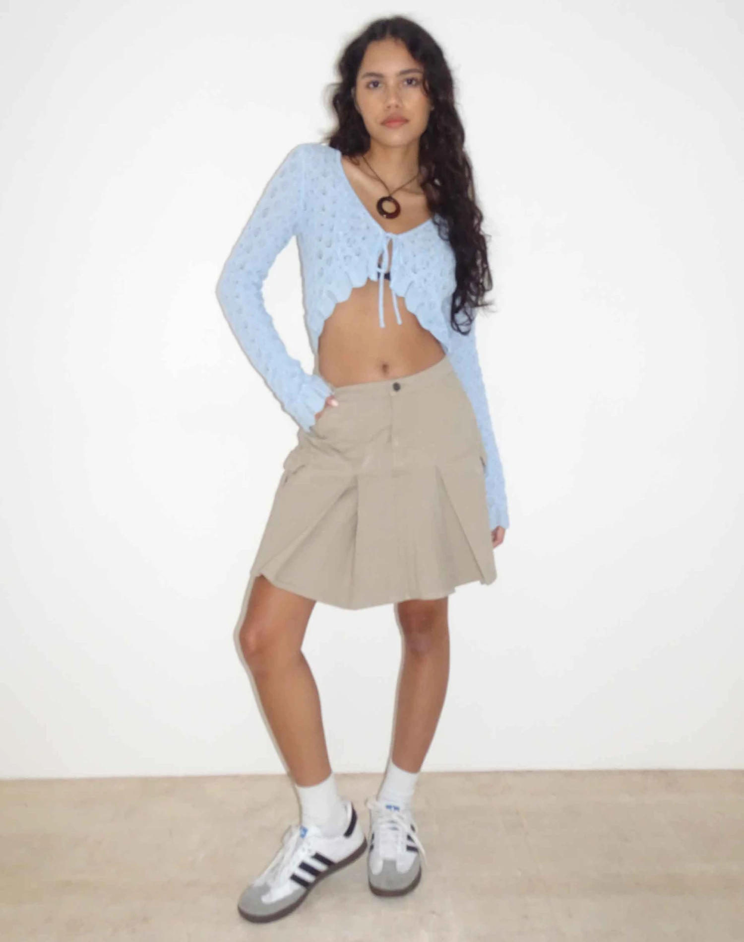 Lexi Pointelle Knit Cropped Cardigan In Baby Blue - Image 2