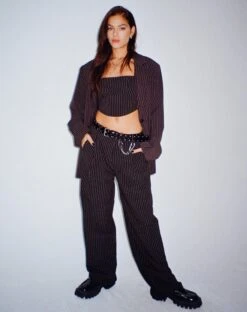 Saskira Wide Leg Trouser In Pinstripe Black