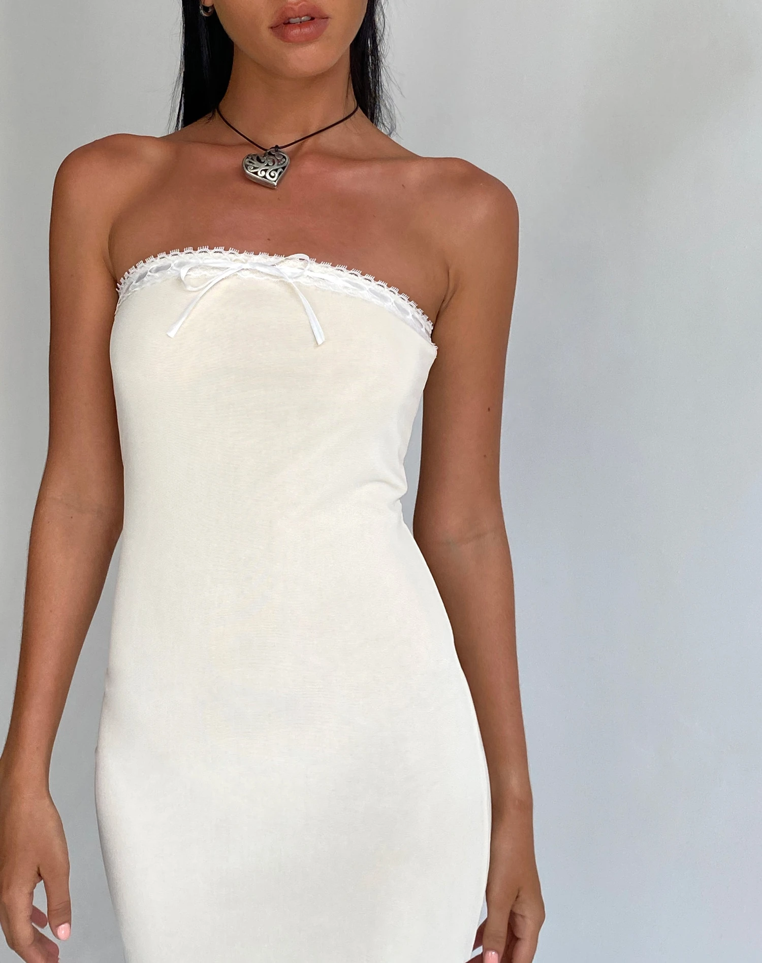 Marve Bandeau Maxi Dress In Mesh Cream - Image 4