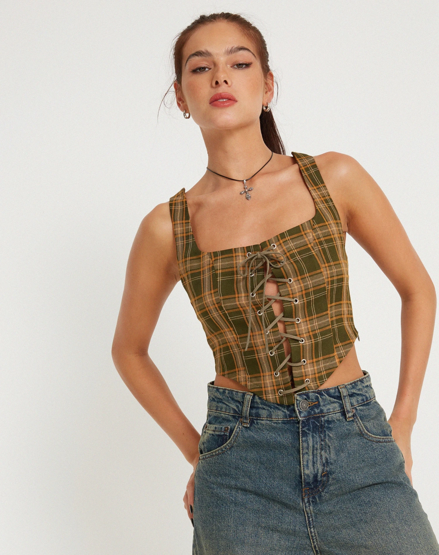 Milton Corset Top In Tartans Green Brown - Image 4