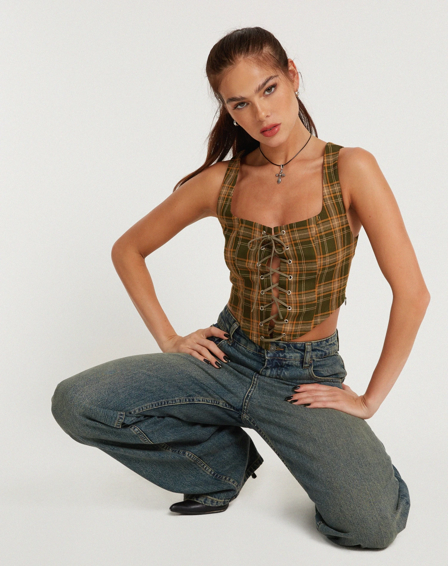 Milton Corset Top In Tartans Green Brown - Image 3