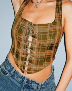 Milton Corset Top In Tartans Green Brown