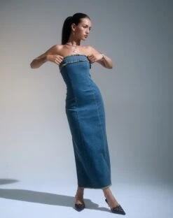 Atun Denim Bandeau Maxi Dress In Brown Blue Acid Wash