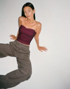 Nelly Cropped Corset Top In Burgundy With Ecru Stitch Detail