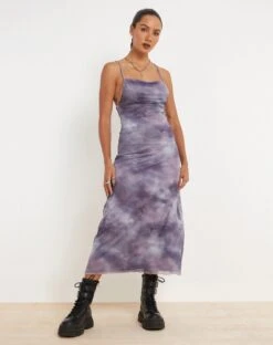Norishi Printed Mesh Midi Dress In Smokey Gradients Purple