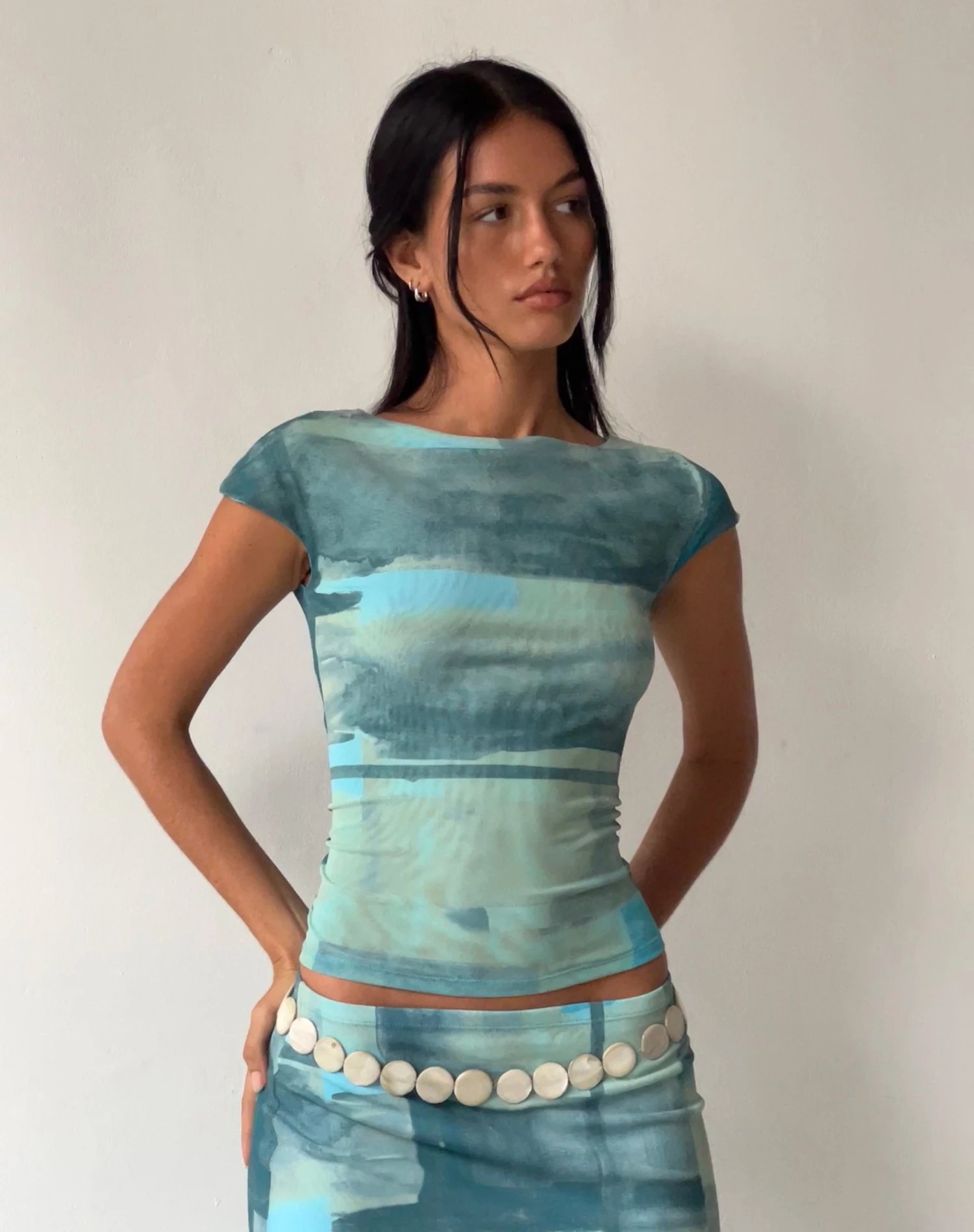 MOTEL X JACQUIE Nova Top In Mesh Green And Blue Abstract Paint Brush