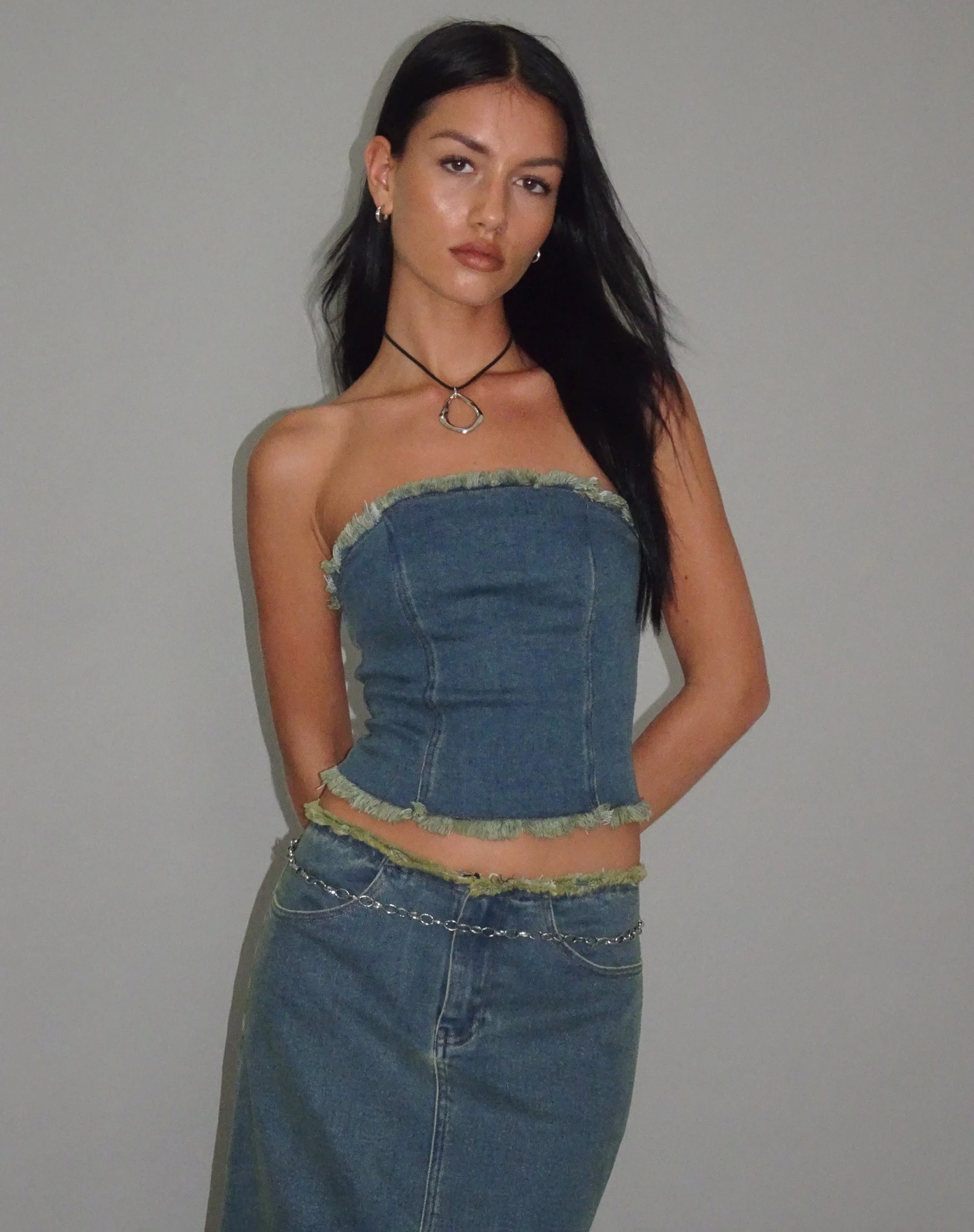 Omas Denim Bandeau Top In Brown Blue Acid Wash