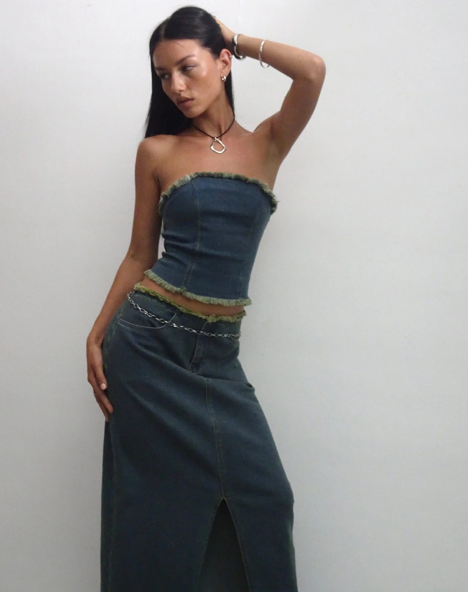 Omas Denim Bandeau Top In Brown Blue Acid Wash - Image 8