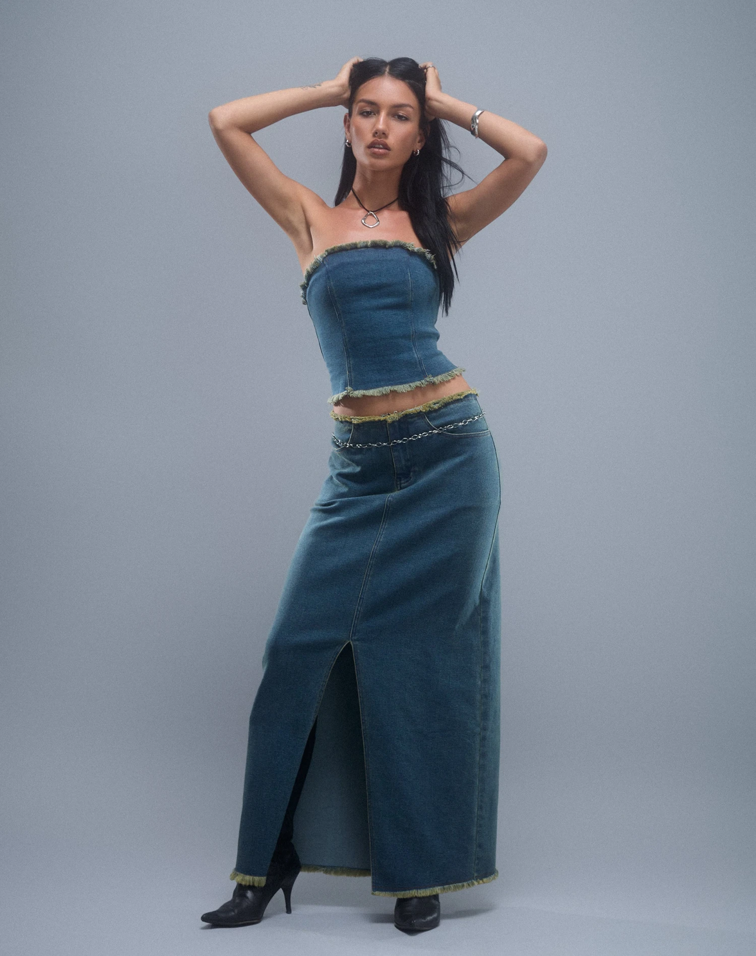 Omas Denim Bandeau Top In Brown Blue Acid Wash - Image 7