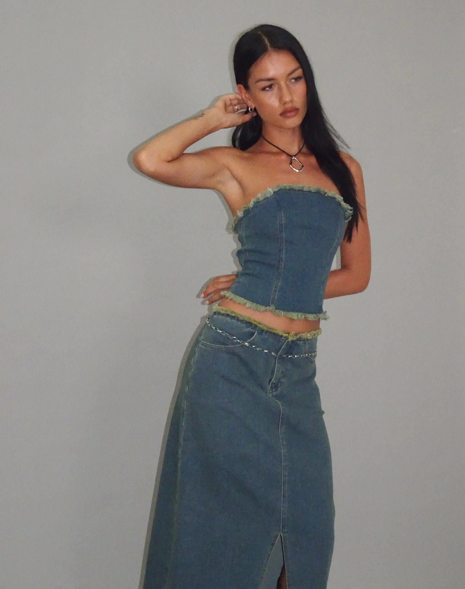 Omas Denim Bandeau Top In Brown Blue Acid Wash - Image 3