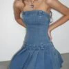 Pajaya Denim Bandeau Mini Dress In Blue Wash