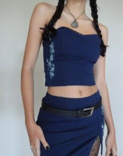 Clyde Embroidered Bandeu Top In Navy Flower Butterfly Emb