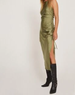 Raybu Ruched Midi Dress In Satin Olive
