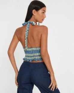 Naoki Crop Top In Colourpop Check Green And Blue