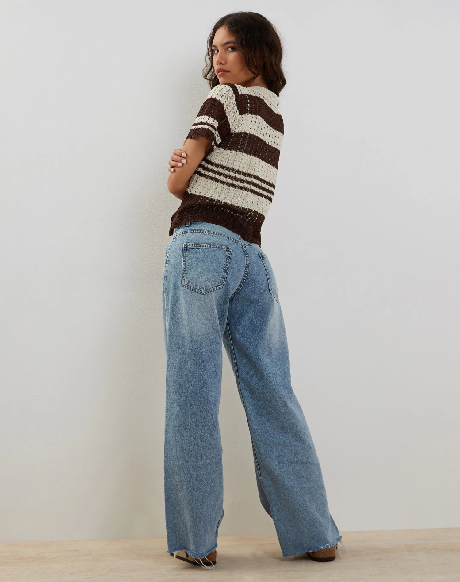 Siwi Pointelle Knitted Polo Top In Stripe Neutral - Image 4