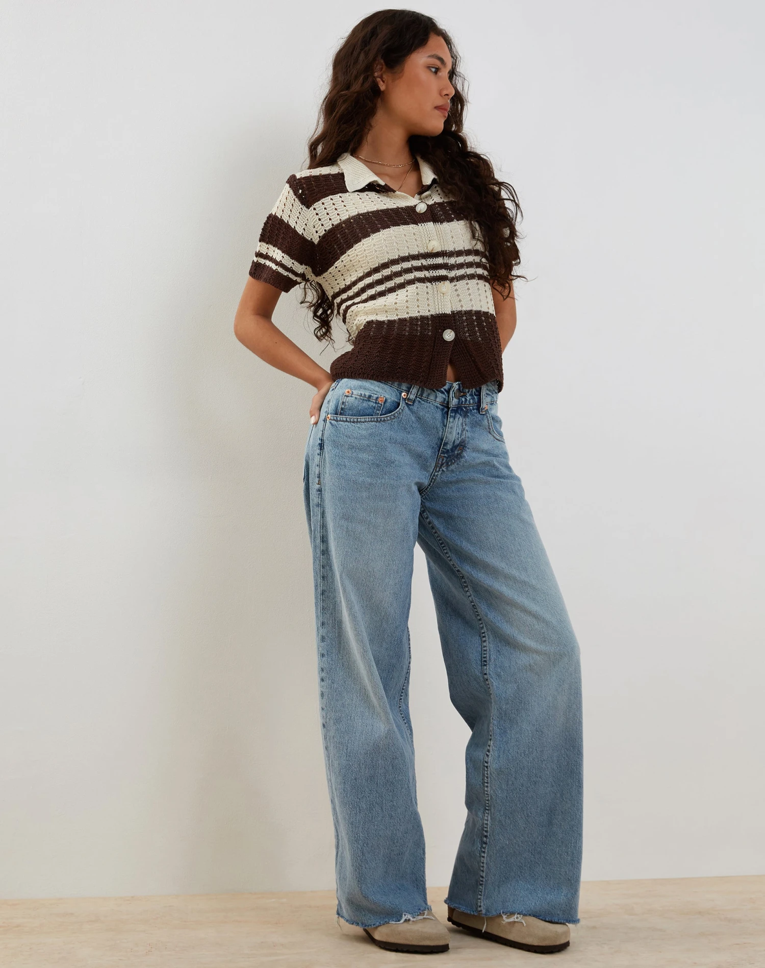 Siwi Pointelle Knitted Polo Top In Stripe Neutral - Image 2