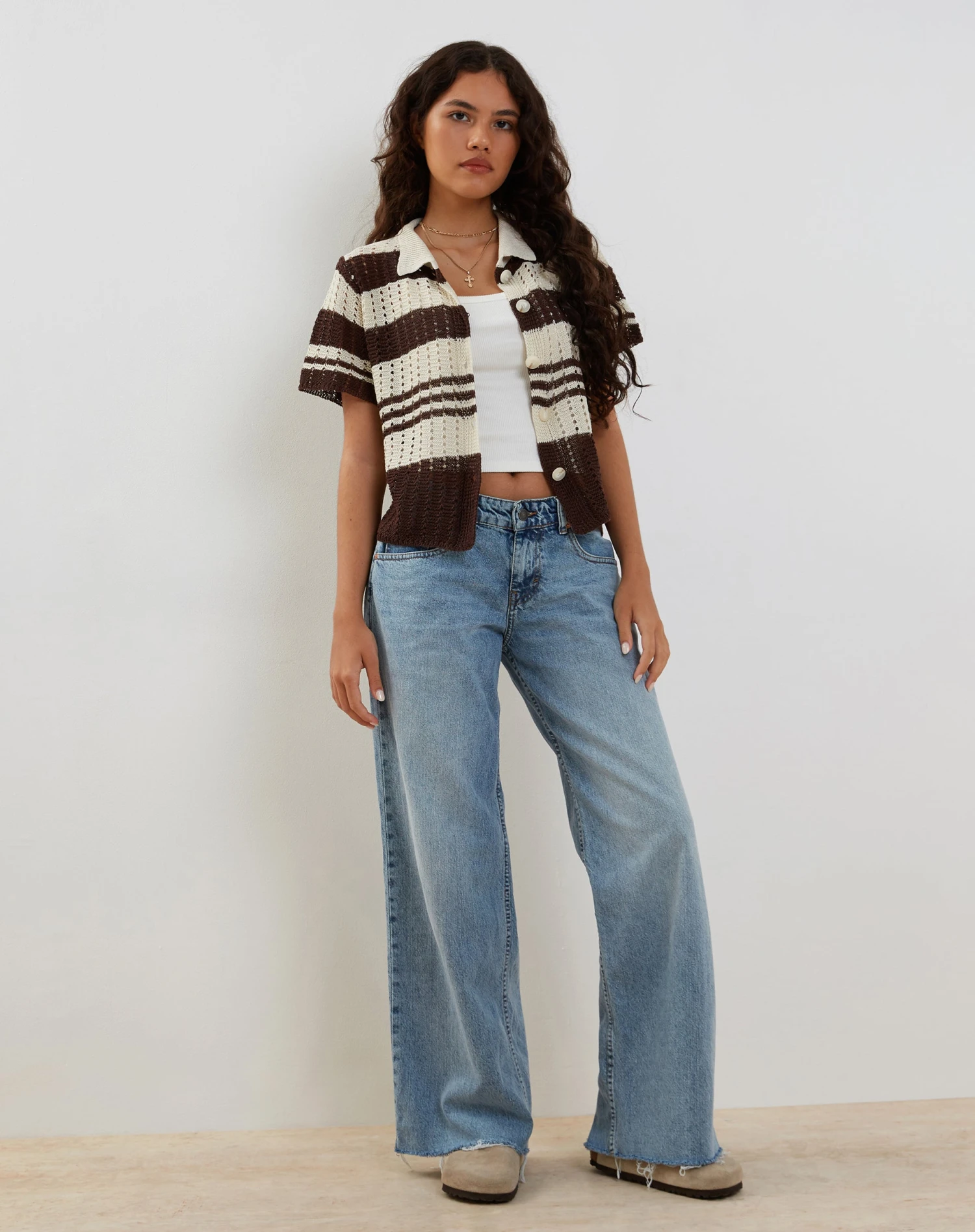 Siwi Pointelle Knitted Polo Top In Stripe Neutral - Image 3