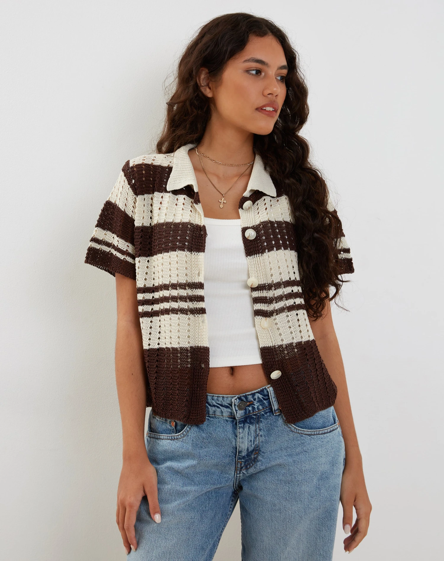 Siwi Pointelle Knitted Polo Top In Stripe Neutral - Image 5