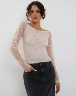 Rory Long Sleeve Lace Top In Pink