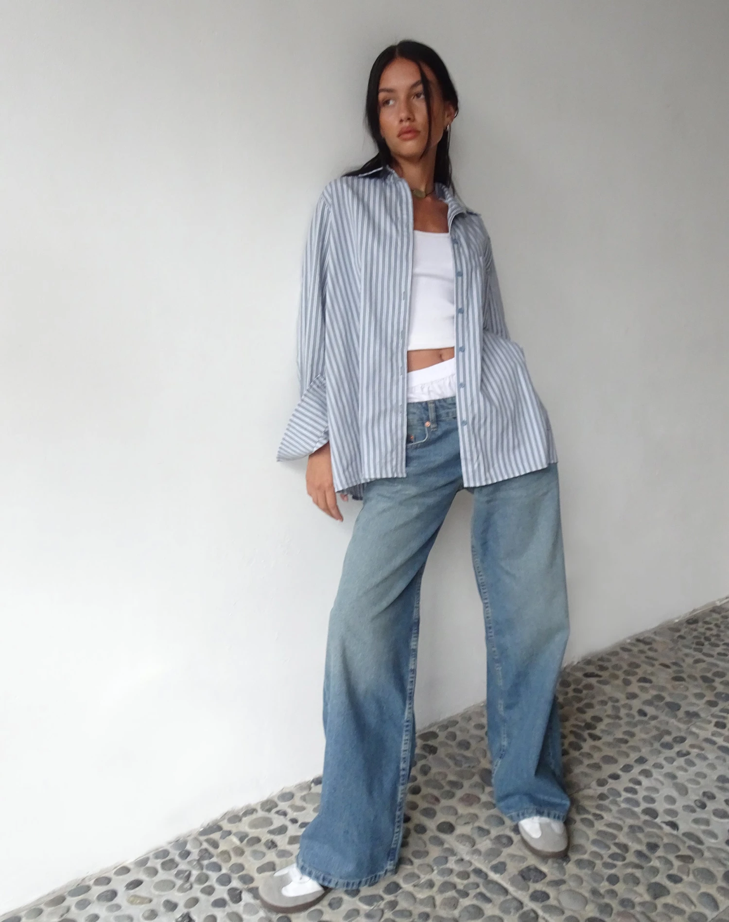 MOTEL X JACQUIE Turner Shirt In Grey And White Stripe With M Embroidery - Image 6