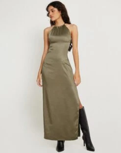 Salazar Halter Neck Maxi Dress In Satin Dark Olive