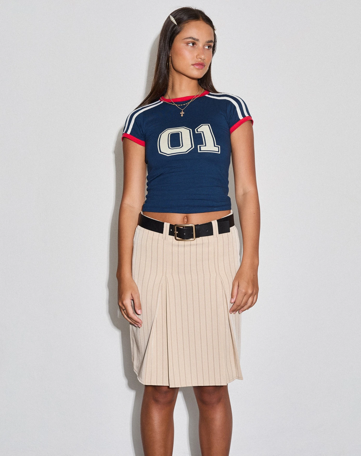 Lia Pleated Midi Skirt In Tailoring Tan Pinstripe - Image 2