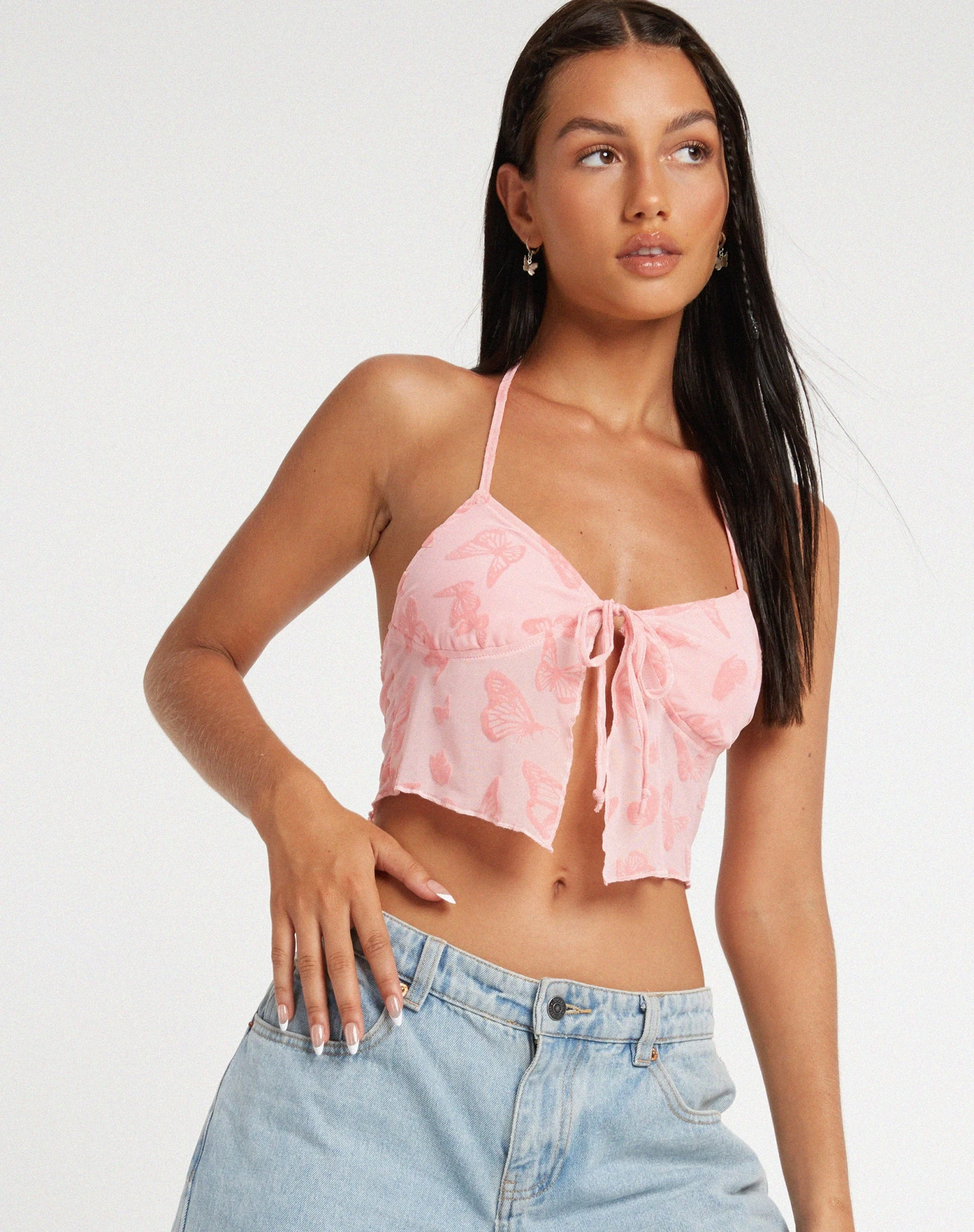 Shara Crop Top In Butterfly Pink Flock - Image 3