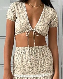 Skise Tie Front Crop Top In Antique Blue And Ivory Floral