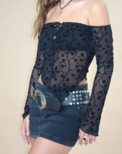 Sola Bardot Top In Black Dainty Floral Flock