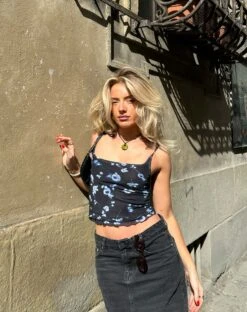 Tamari Tie Detail Mesh Vest Top In Diffused Floral Navy