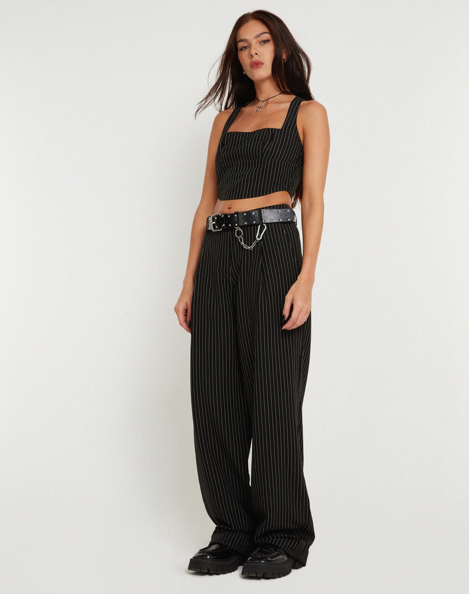 Saskira Wide Leg Trouser In Pinstripe Black - Image 5