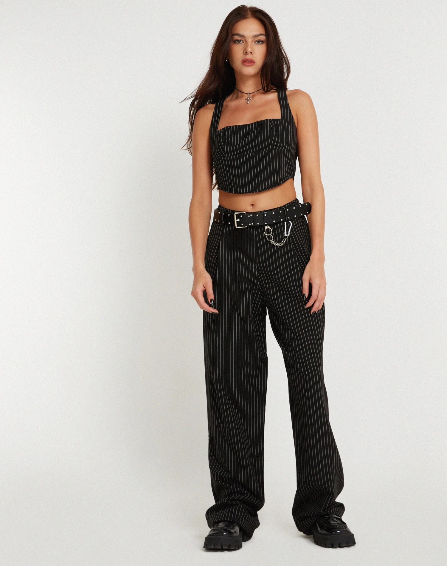Saskira Wide Leg Trouser In Pinstripe Black - Image 6
