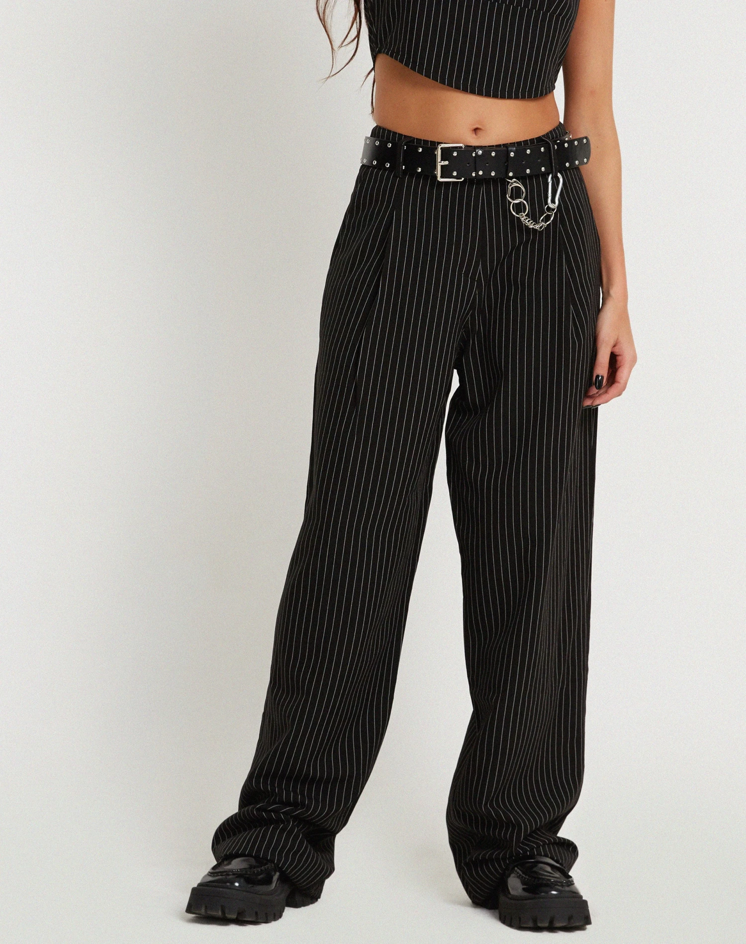 Saskira Wide Leg Trouser In Pinstripe Black - Image 2