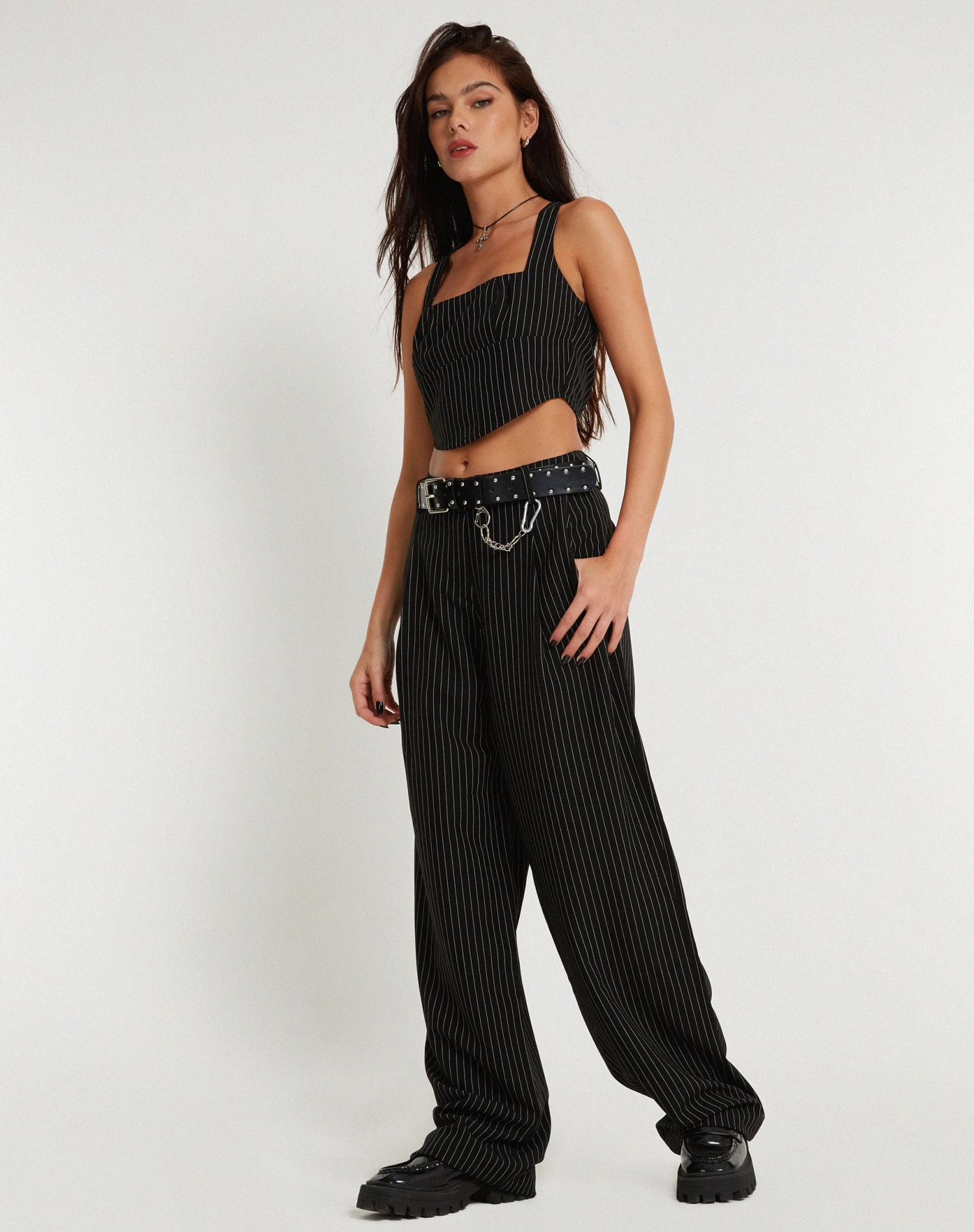 Saskira Wide Leg Trouser In Pinstripe Black - Image 7